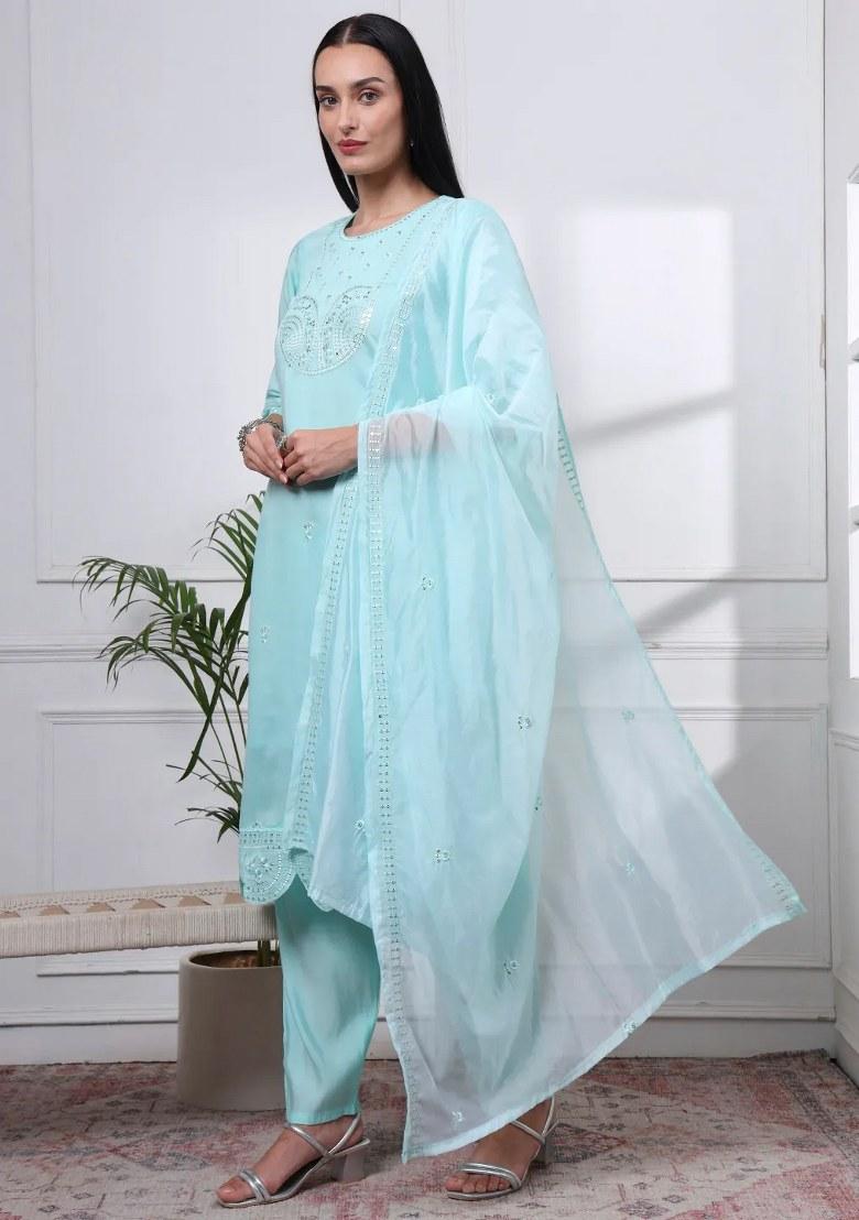 Sky Blue Motif Silk Blend Kurta Dupatta Set - Indya