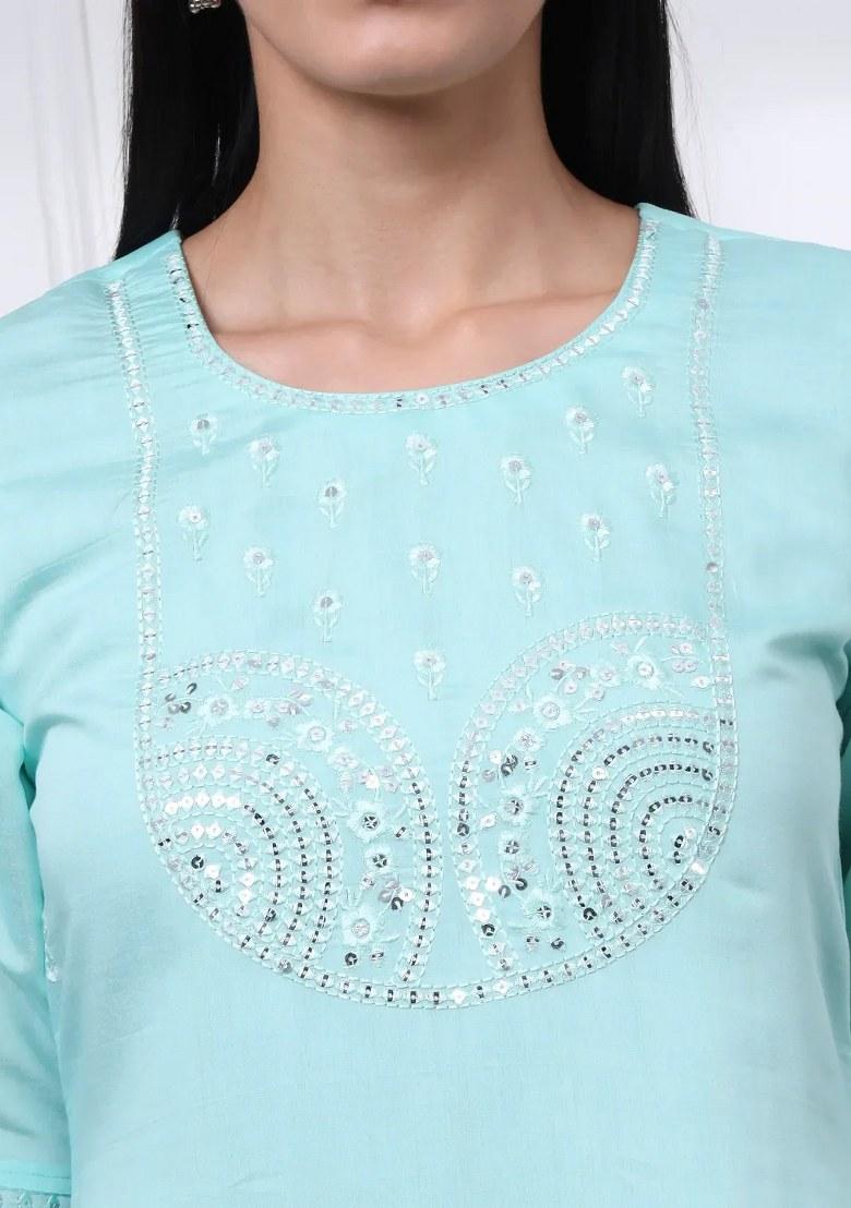 Sky Blue Motif Silk Blend Kurta Dupatta Set - Indya