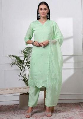 Pastel Green Motif Silk Blend Kurta Dupatta Set
