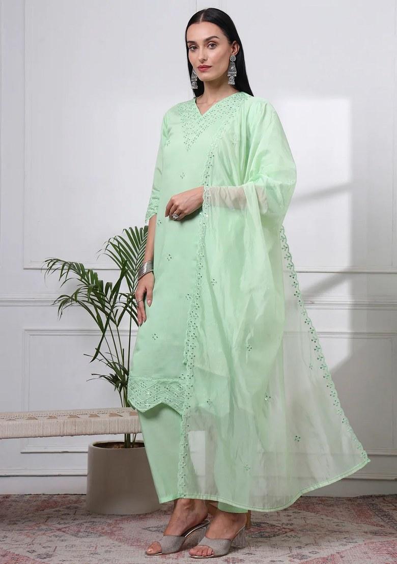 Pastel Green Motif Silk Blend Kurta Dupatta Set - Indya