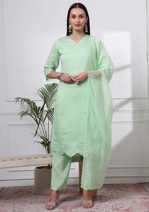 Pastel Green Motif Silk Blend Kurta Dupatta Set