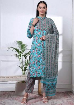 Blue Motif Cotton Kurta Dupatta Set