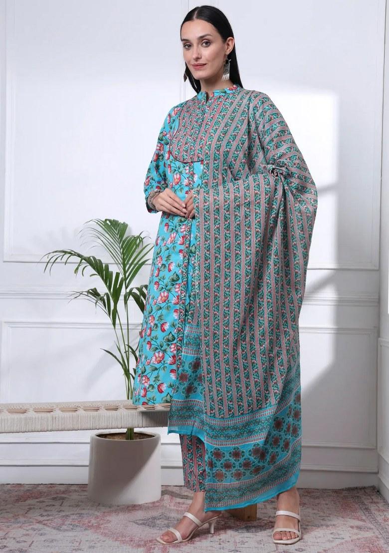 Blue Motif Cotton Kurta Dupatta Set - Indya