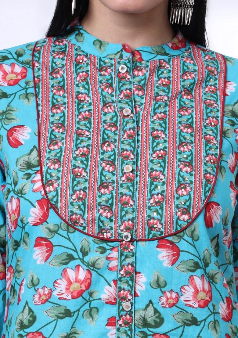 Blue Motif Cotton Kurta Dupatta Set - Indya