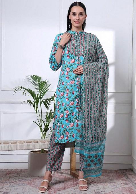 Blue Motif Cotton Kurta Dupatta Set