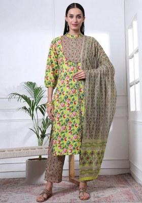 Yellow Motif Cotton Kurta Dupatta Set