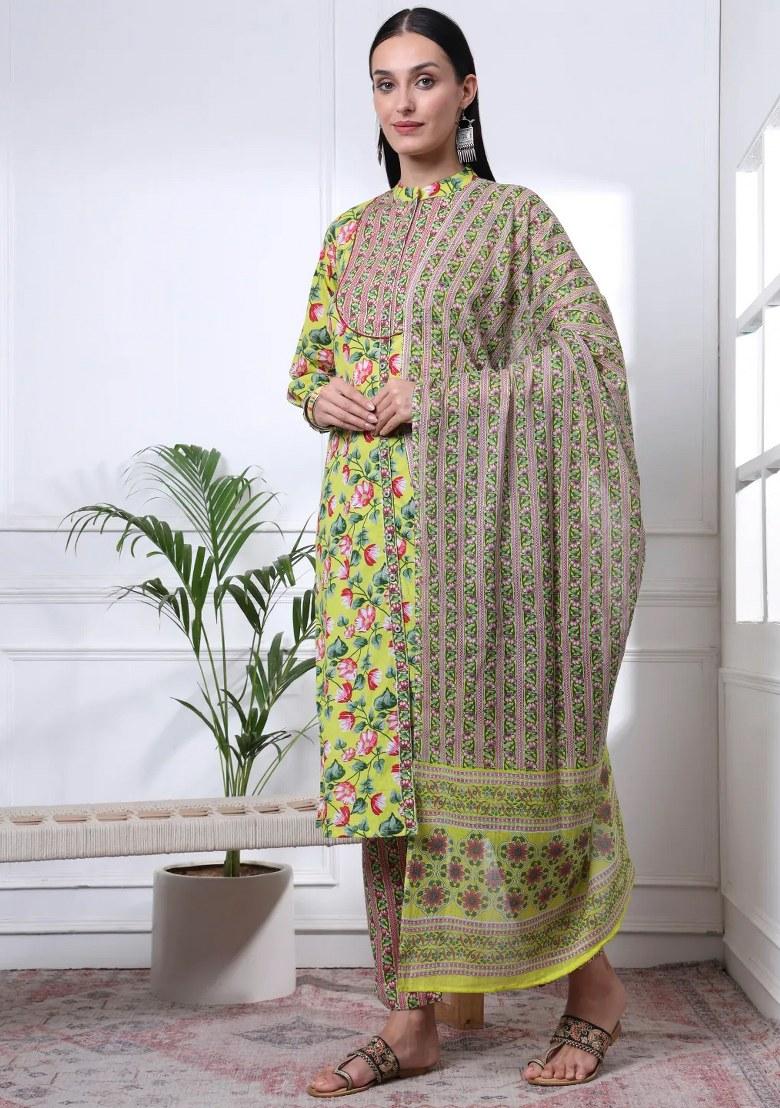 Yellow Motif Cotton Kurta Dupatta Set - Indya