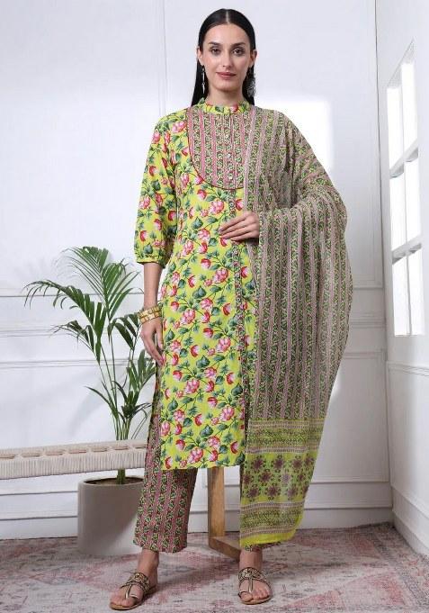 Yellow Motif Cotton Kurta Dupatta Set