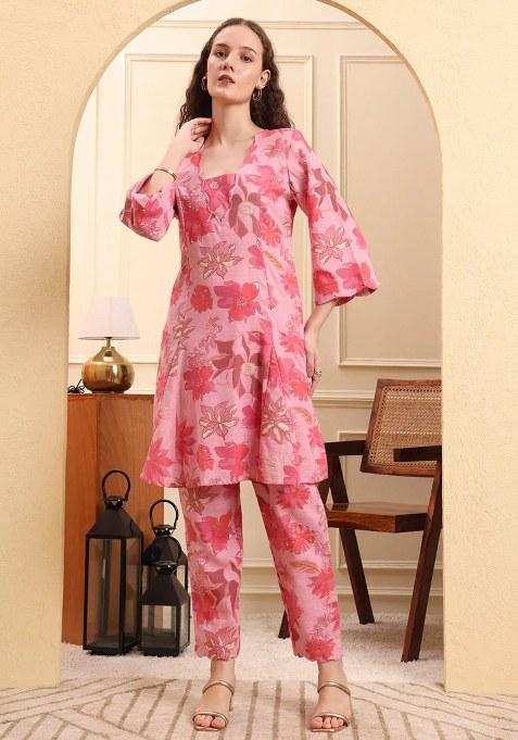 Pink Printed Cotton Kurta Set