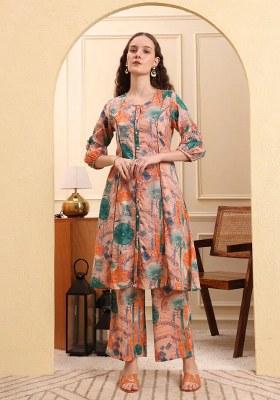 Peach Motif Linen Kurta Set