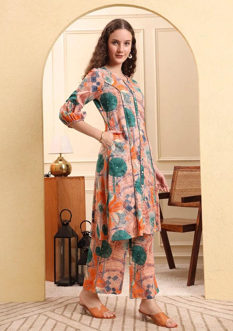Peach Motif Linen Kurta Set - Indya