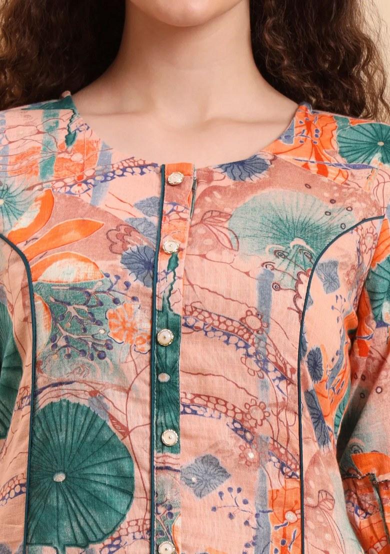 Peach Motif Linen Kurta Set - Indya