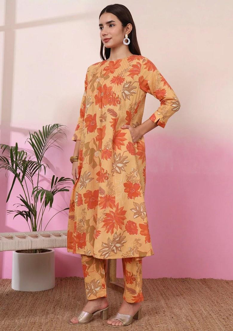 Mustard Motif Linen Kurta Set - Indya