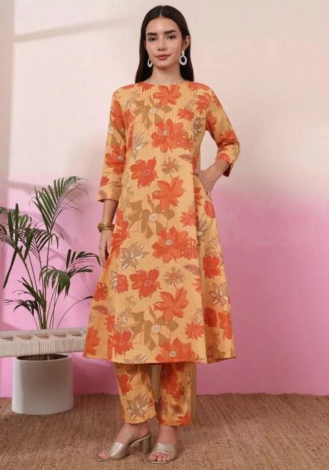 Mustard Motif Linen Kurta Set
