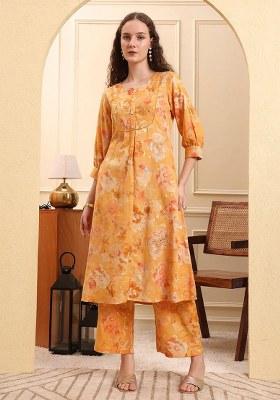 Mustard Printed Linen Kurta Set