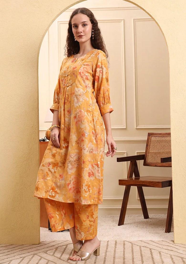 Mustard Printed Linen Kurta Set - Indya