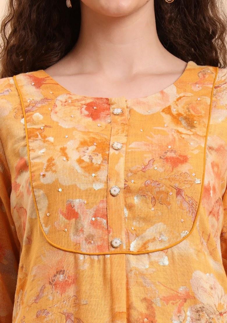 Mustard Printed Linen Kurta Set - Indya