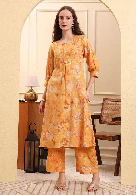 Mustard Printed Linen Kurta Set