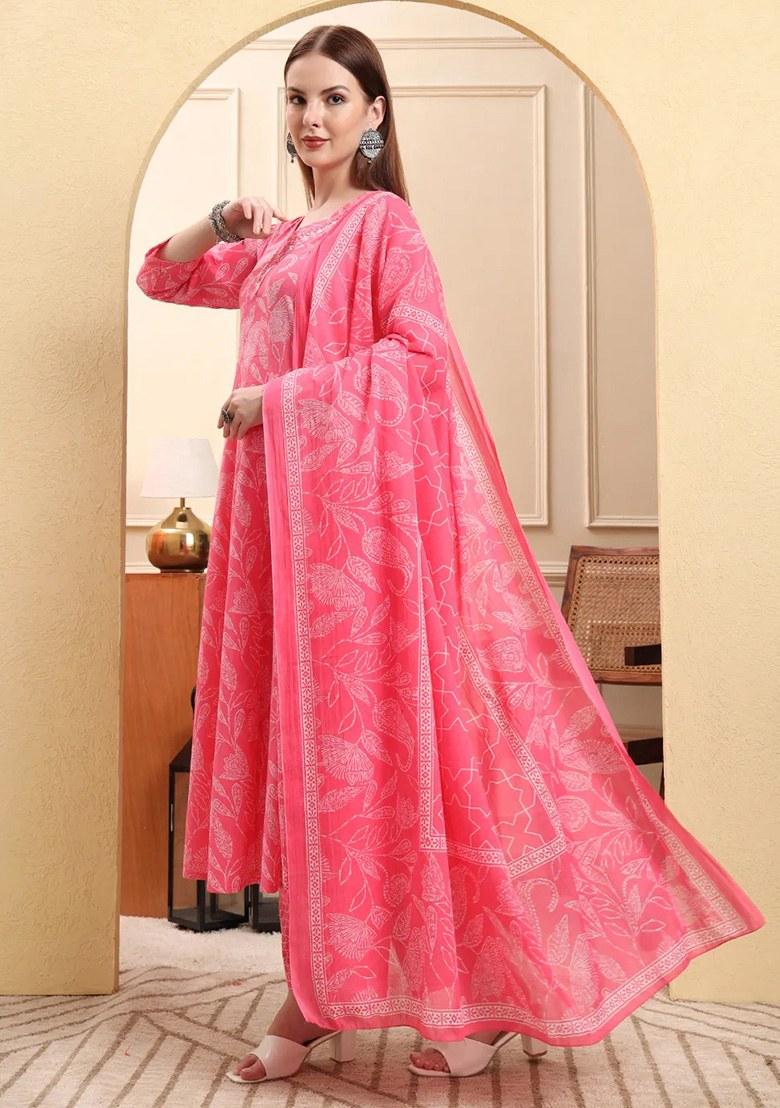 Pink Floral Print Cotton Kurta Dupatta Set - Indya