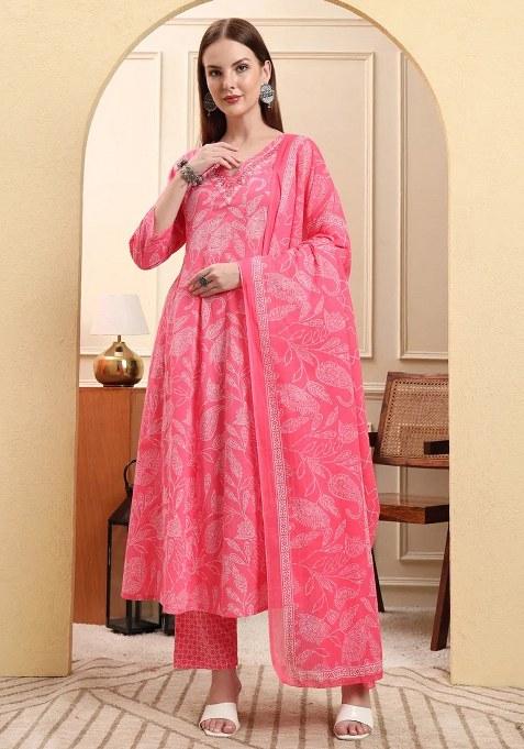 Pink Floral Print Cotton Kurta Dupatta Set