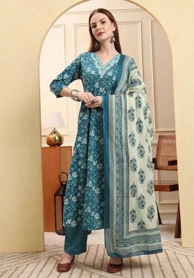 Blue Motif Cotton Kurta Dupatta Set