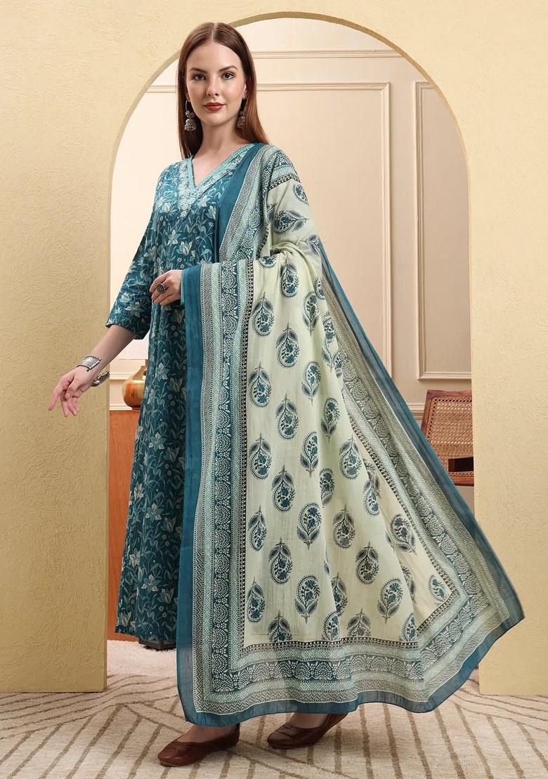 Blue Motif Cotton Kurta Dupatta Set - Indya