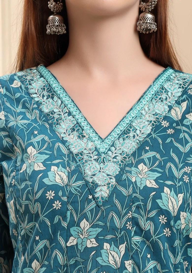 Blue Motif Cotton Kurta Dupatta Set - Indya