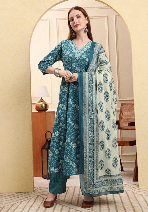 Blue Motif Cotton Kurta Dupatta Set