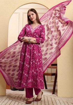 Pink Motif Cotton Kurta Dupatta Set