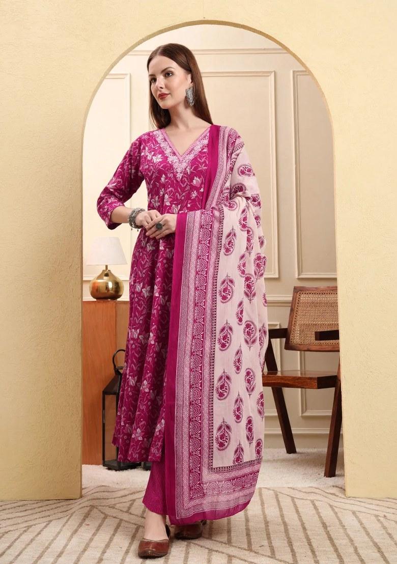 Pink Motif Cotton Kurta Dupatta Set - Indya