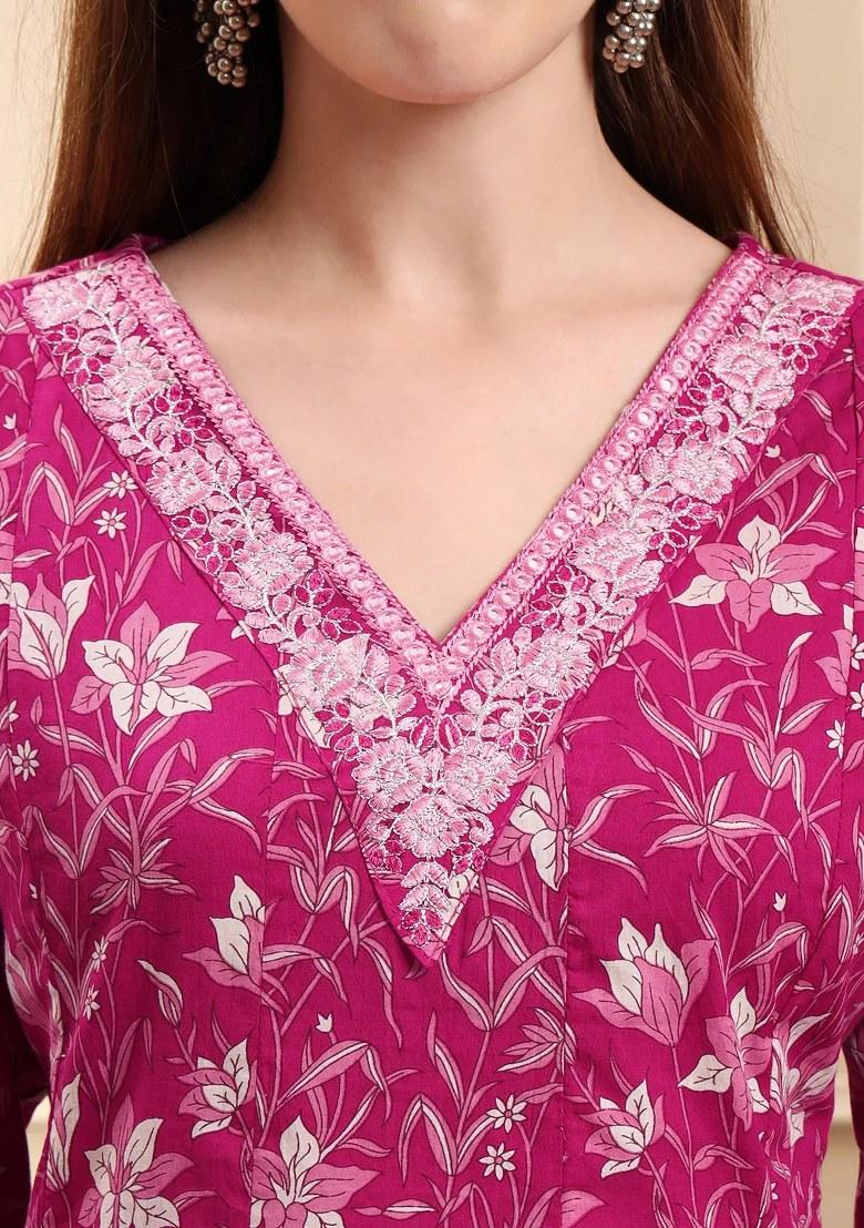 Pink Motif Cotton Kurta Dupatta Set - Indya