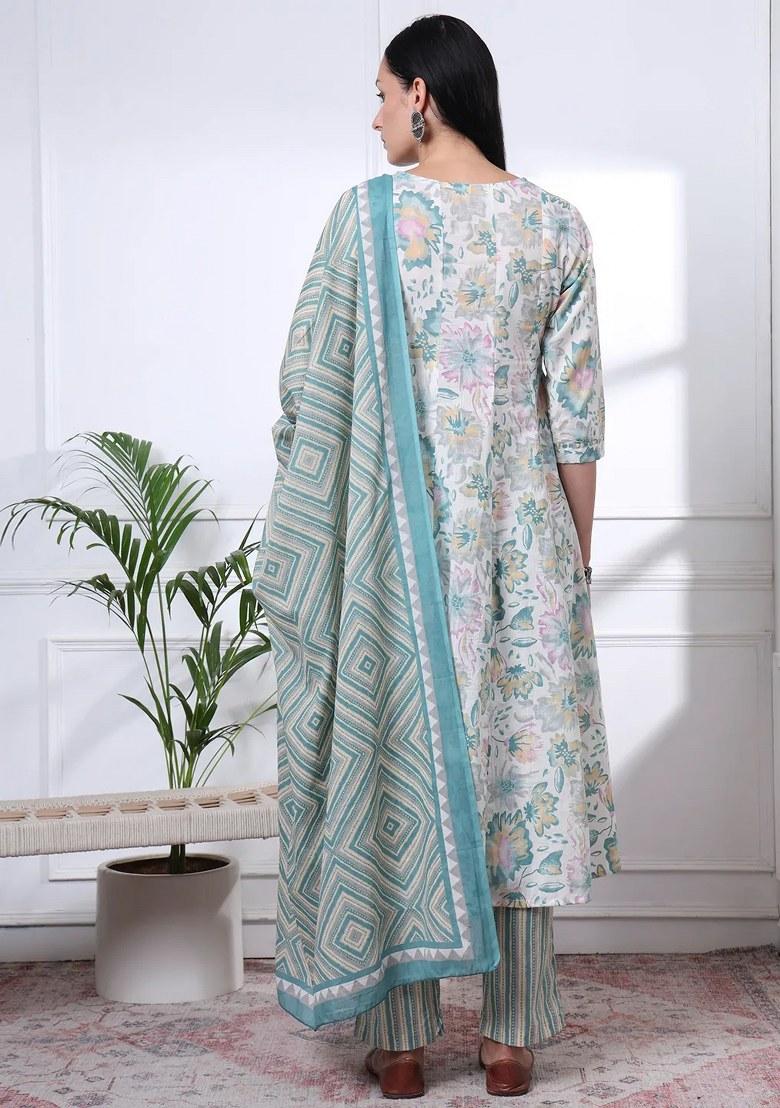 Sea Green Printed Cotton Kurta Dupatta Set - Indya