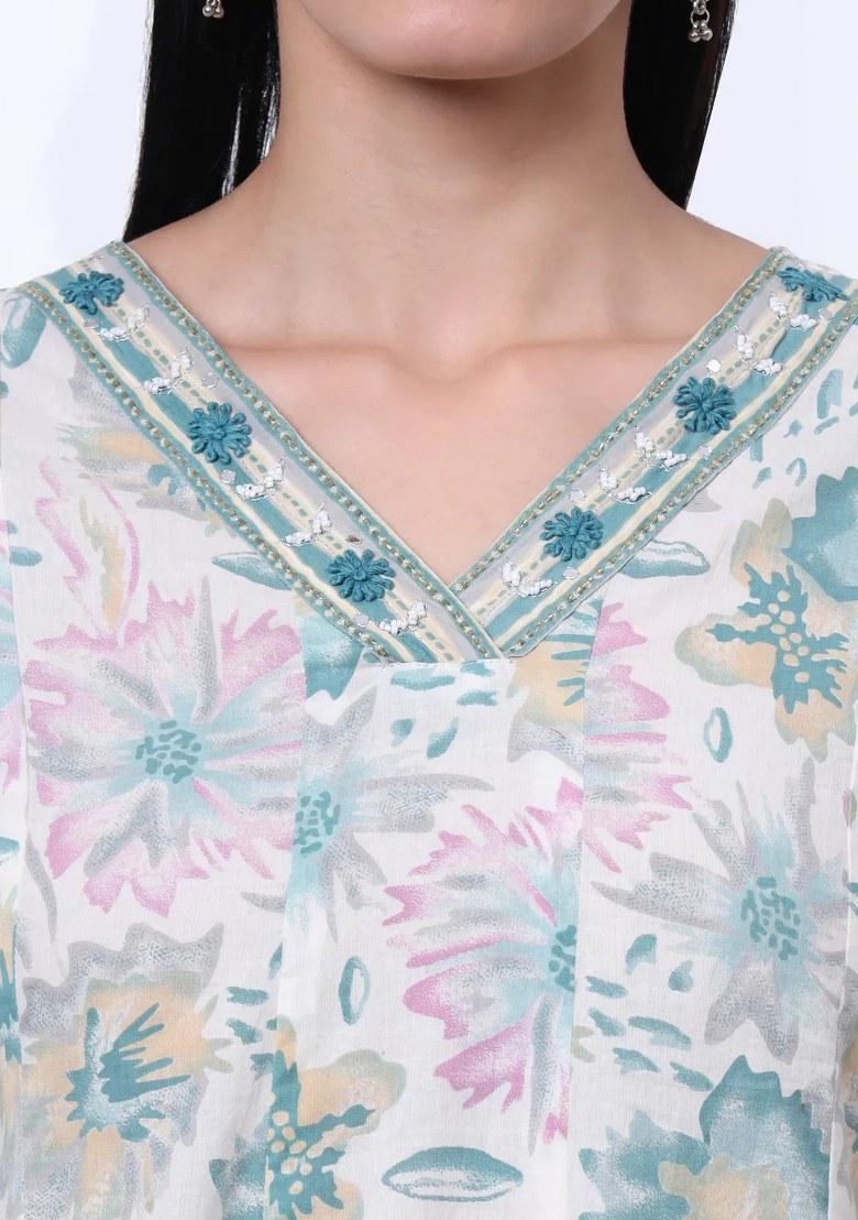 Sea Green Printed Cotton Kurta Dupatta Set - Indya