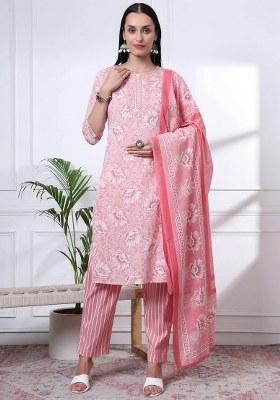 Pink Printed Cotton Kurta Dupatta Set
