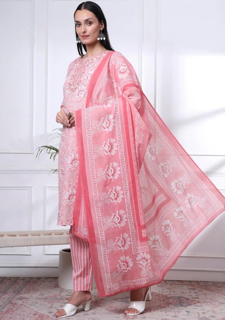 Pink Printed Cotton Kurta Dupatta Set - Indya
