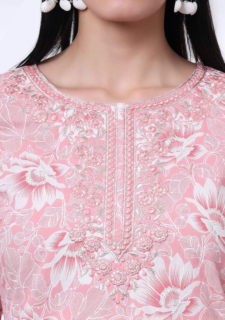 Pink Printed Cotton Kurta Dupatta Set - Indya