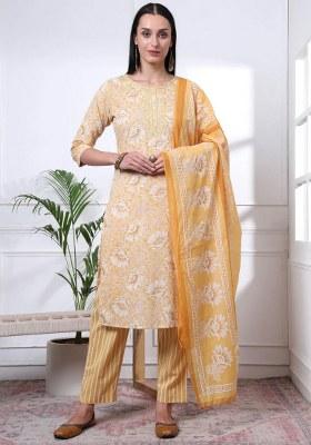 Yellow Printed Cotton Kurta Dupatta Set