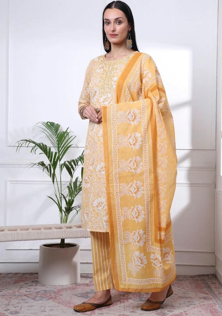 Yellow Printed Cotton Kurta Dupatta Set - Indya