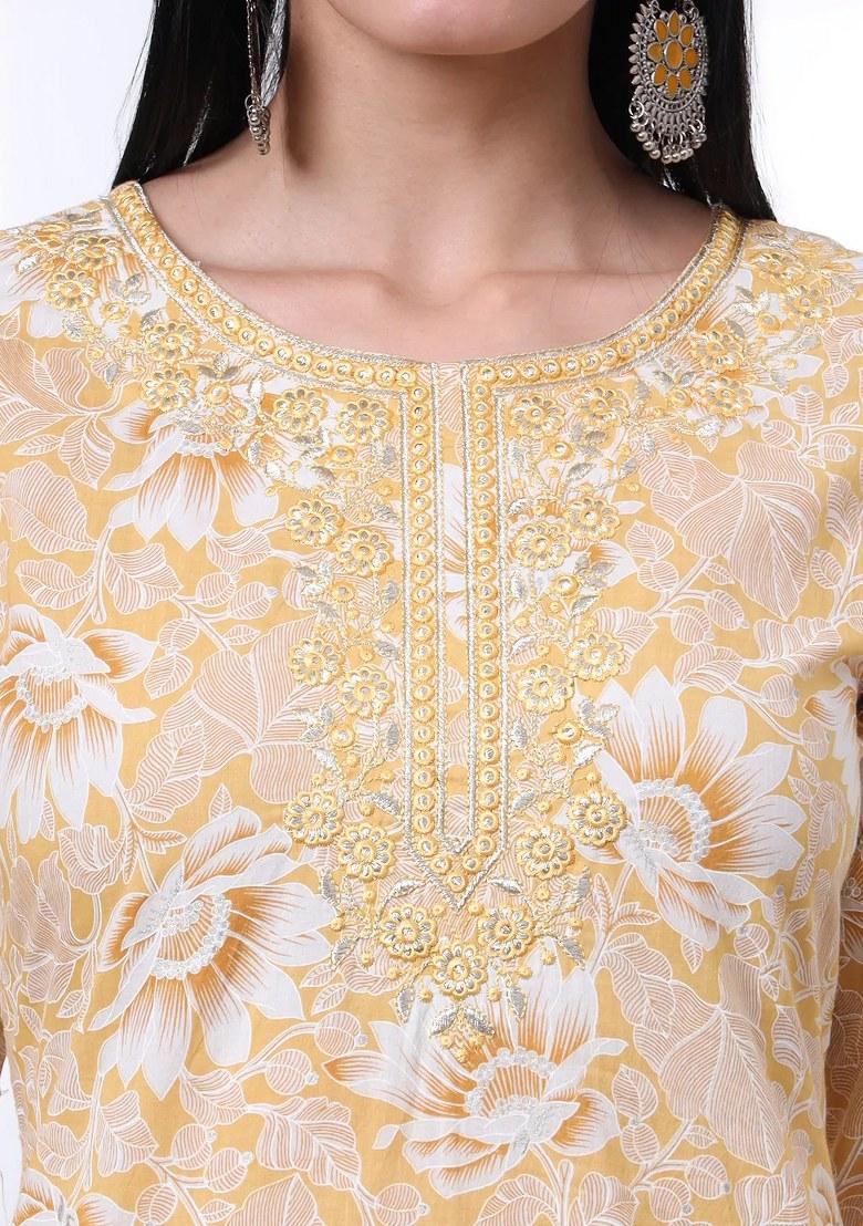 Yellow Printed Cotton Kurta Dupatta Set - Indya