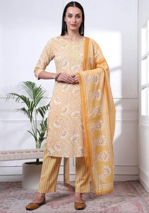 Yellow Printed Cotton Kurta Dupatta Set