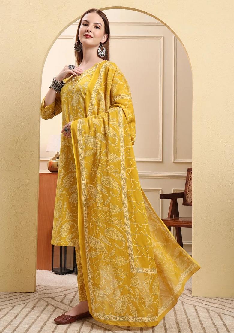 Yellow Motif Cotton Kurta Dupatta Set - Indya