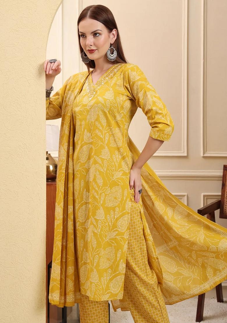 Yellow Motif Cotton Kurta Dupatta Set - Indya