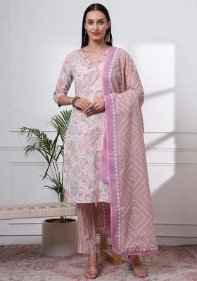 Purple Printed Cotton Kurta Dupatta Set