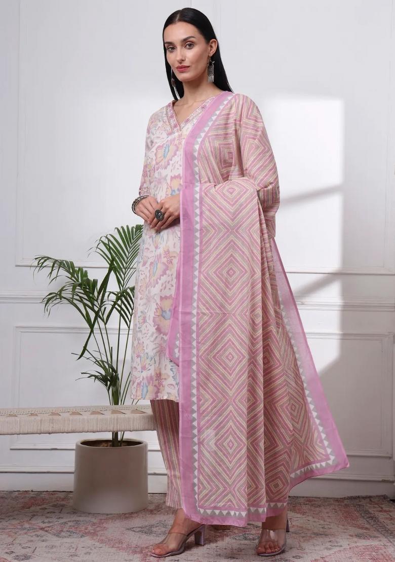 Purple Printed Cotton Kurta Dupatta Set - Indya