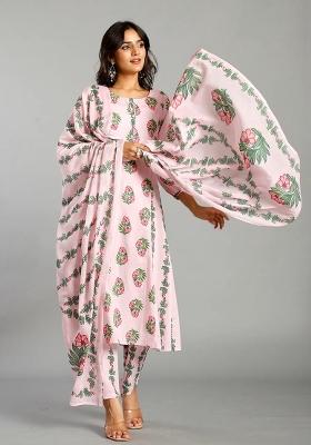 Pink Printed Cotton Kurta Dupatta Set