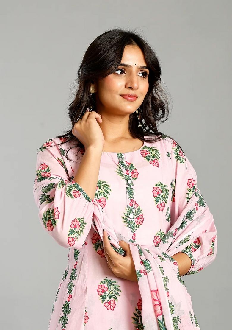 Pink Printed Cotton Kurta Dupatta Set - Indya