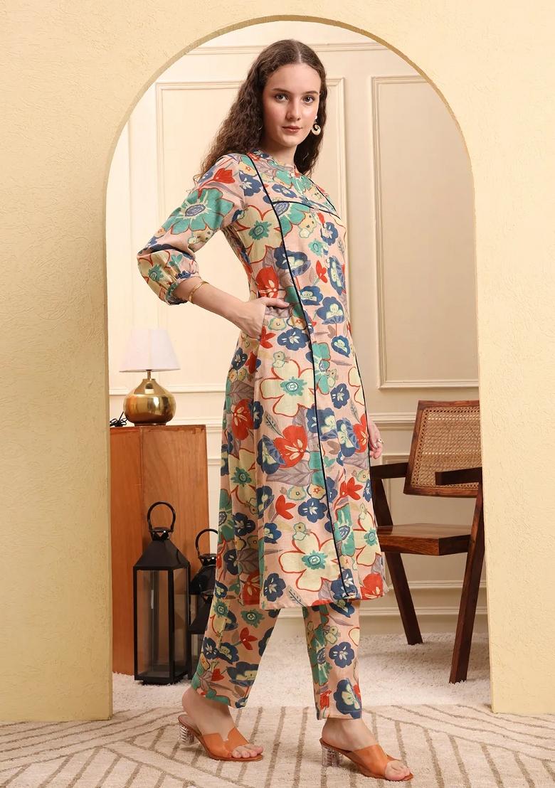 Peach Printed Linen Kurta Set - Indya