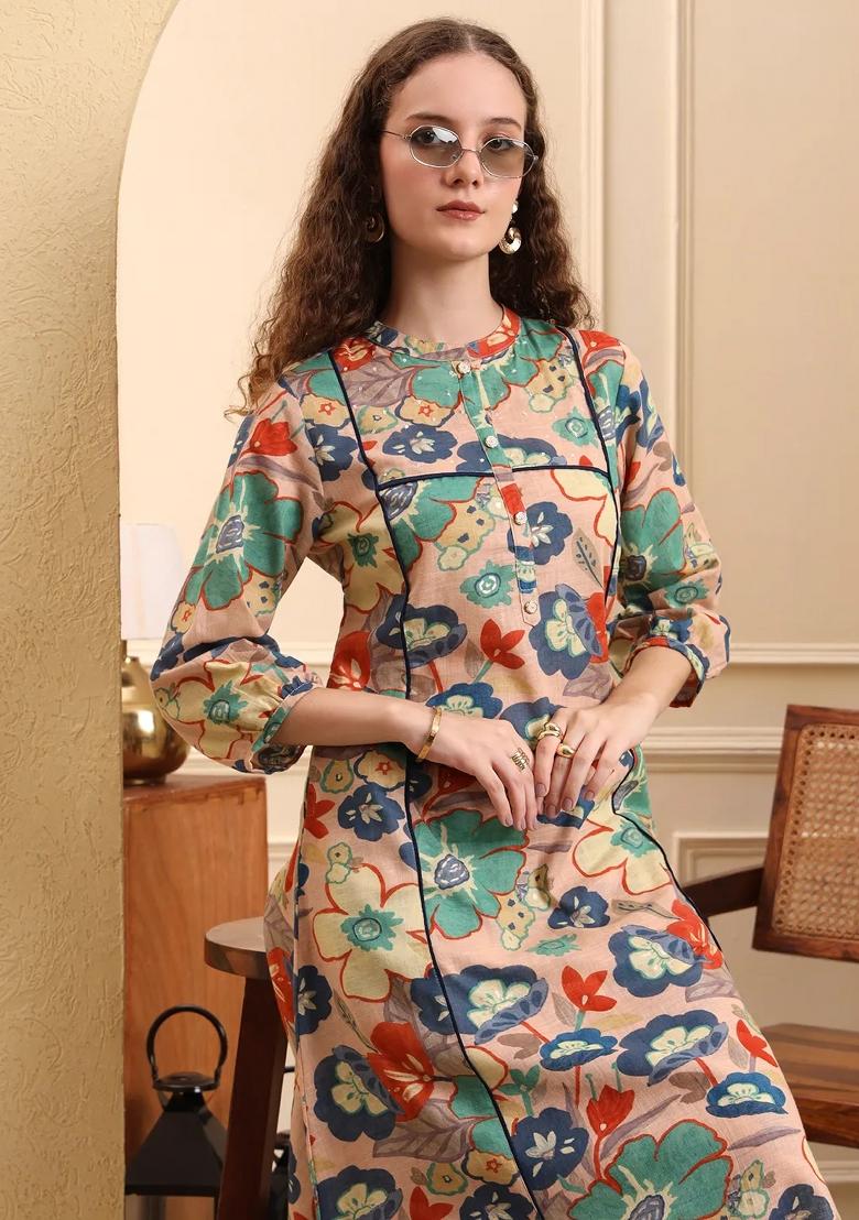 Peach Printed Linen Kurta Set - Indya