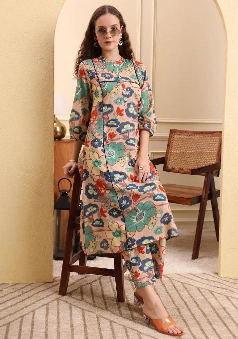Peach Printed Linen Kurta Set