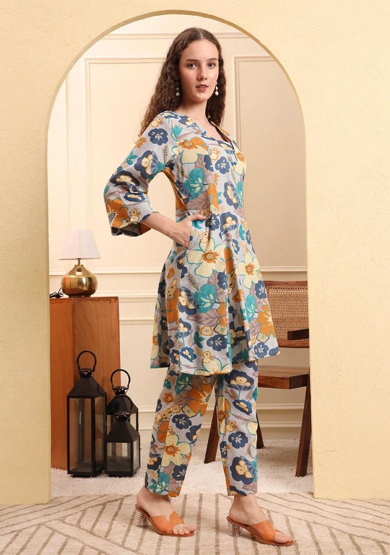 Blue Printed Cotton Kurta Set - Indya